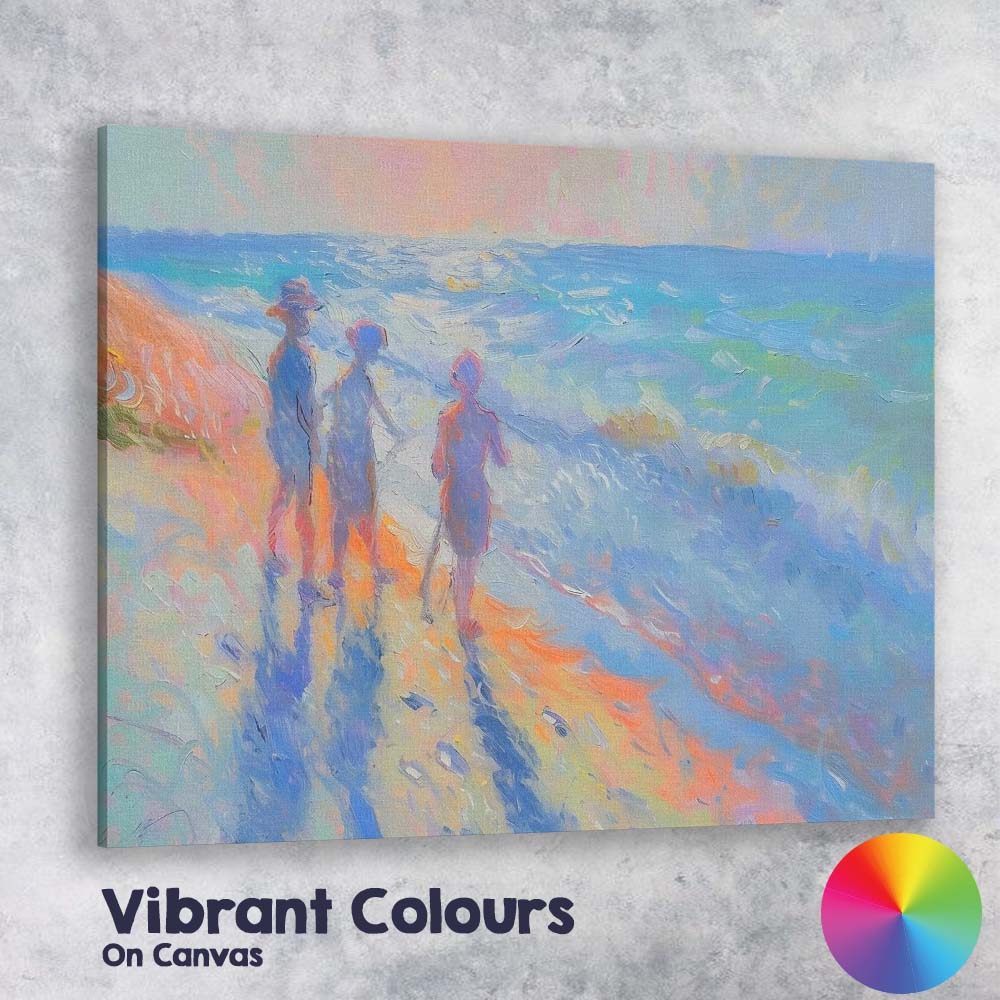 Colourful Family Walking Along Sunny Beach Impressionist Canvas Wall Art Print Decor Picture Ready to Hang