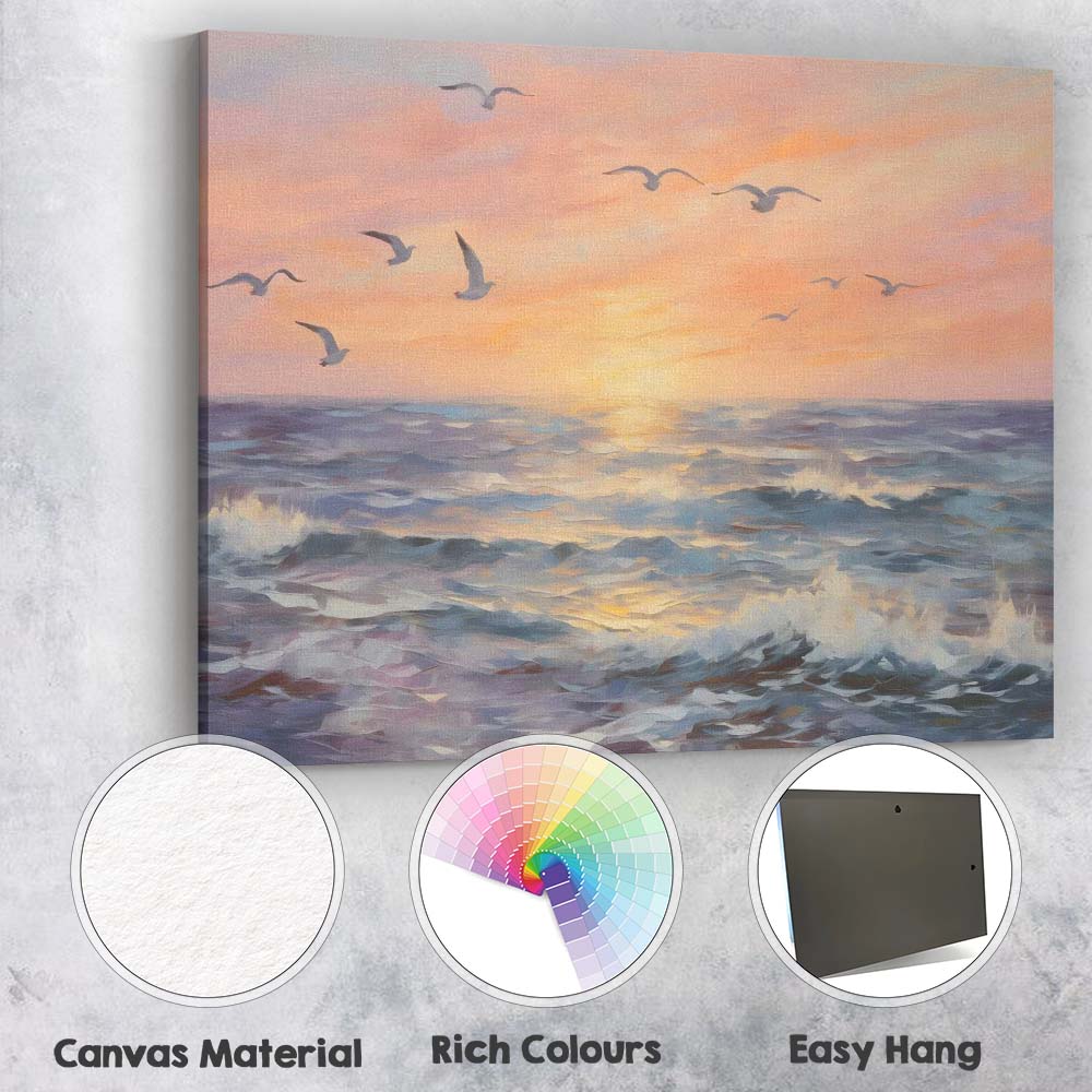 Pastel Ocean Sunset Seascape Flying Seagulls Canvas Wall Art Print Decor Picture Ready to Hang