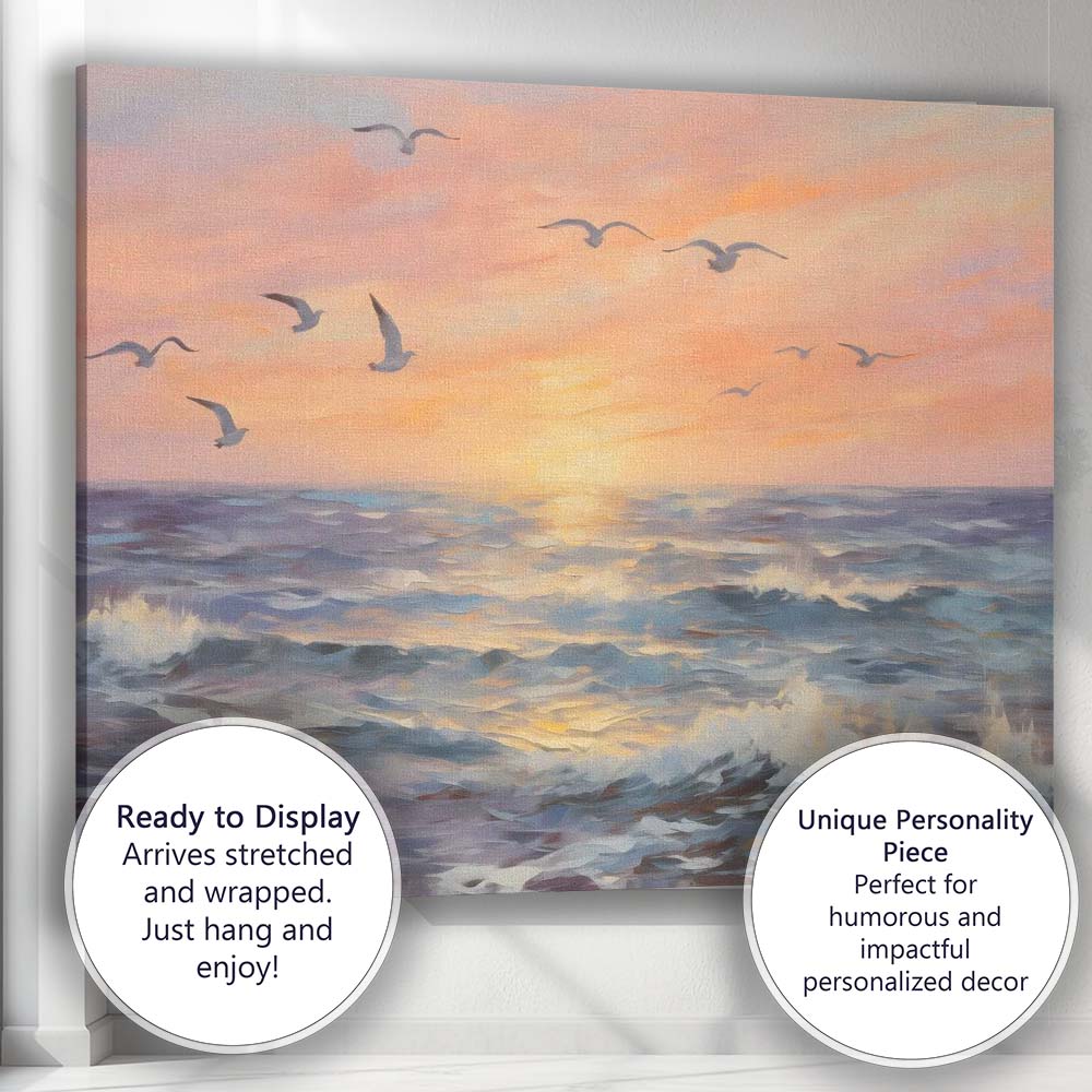 Pastel Ocean Sunset Seascape Flying Seagulls Canvas Wall Art Print Decor Picture Ready to Hang