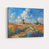 Colourful Dutch Windmill Wildflower Meadow Landscape Canvas Wall Art Print Decor Picture Ready to Hang