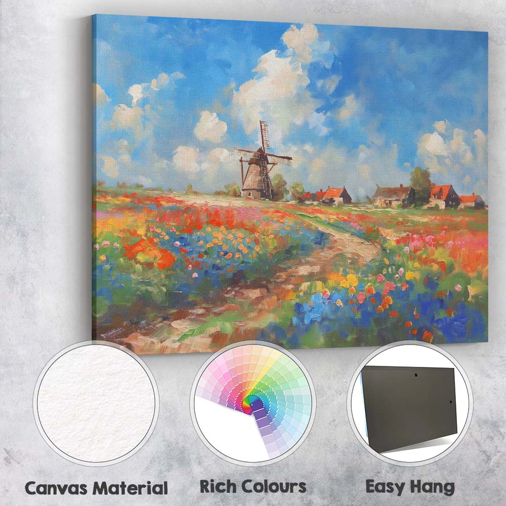 Colourful Dutch Windmill Wildflower Meadow Landscape Canvas Wall Art Print Decor Picture Ready to Hang