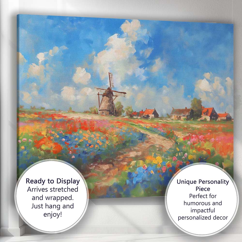 Colourful Dutch Windmill Wildflower Meadow Landscape Canvas Wall Art Print Decor Picture Ready to Hang
