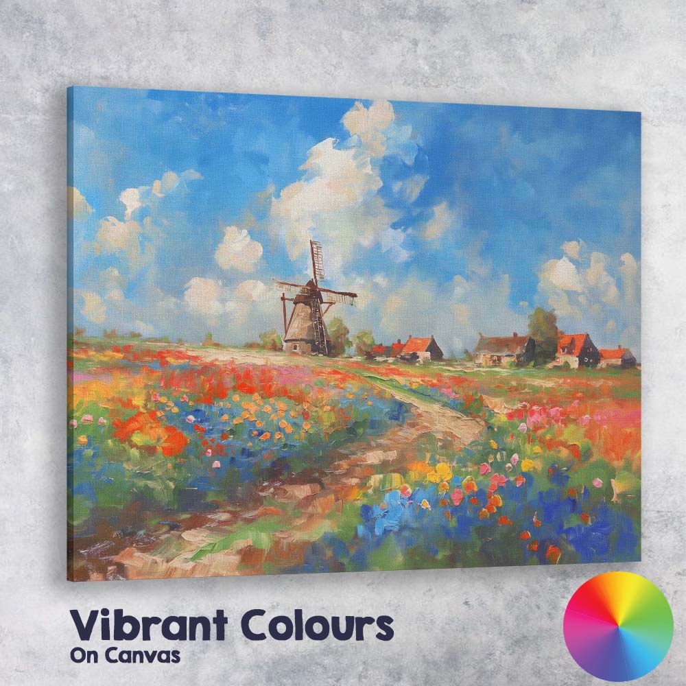 Colourful Dutch Windmill Wildflower Meadow Landscape Canvas Wall Art Print Decor Picture Ready to Hang