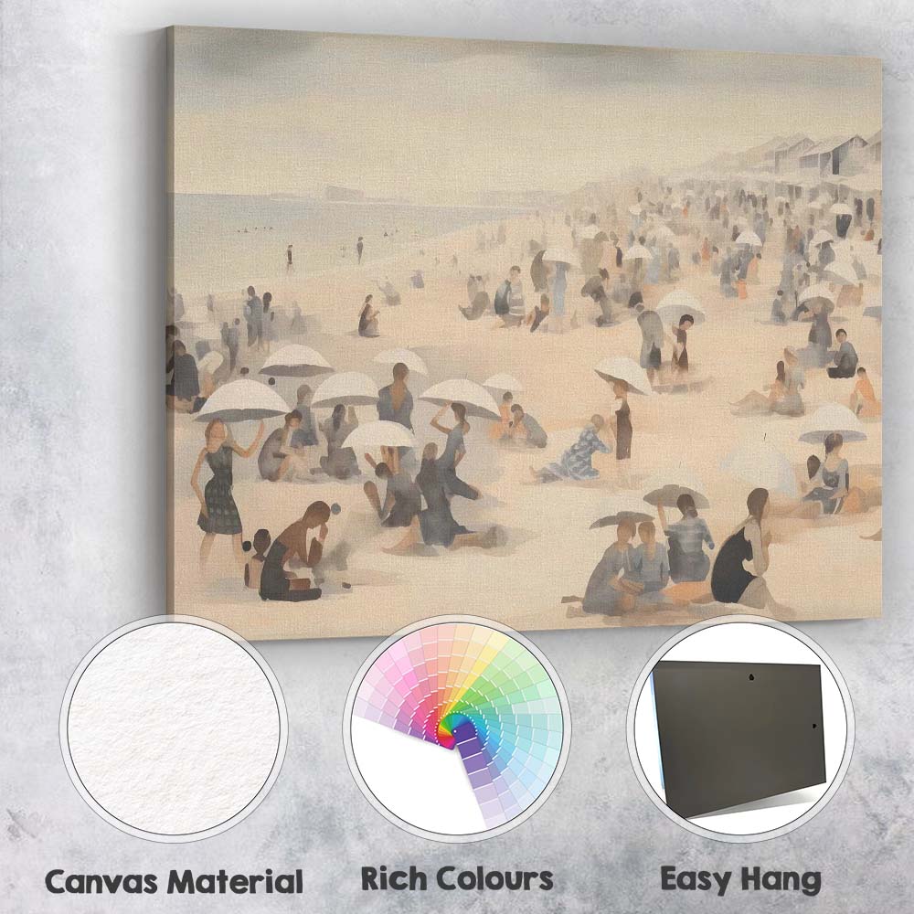 Minimalist Beach Crowd White Parasols Coastal Scene Canvas Wall Art Print Decor Picture Ready to Hang