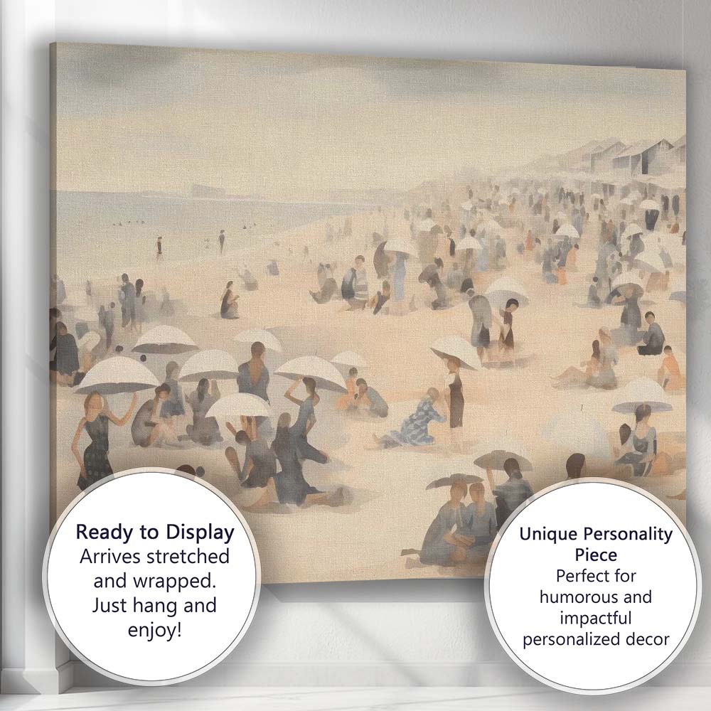 Minimalist Beach Crowd White Parasols Coastal Scene Canvas Wall Art Print Decor Picture Ready to Hang