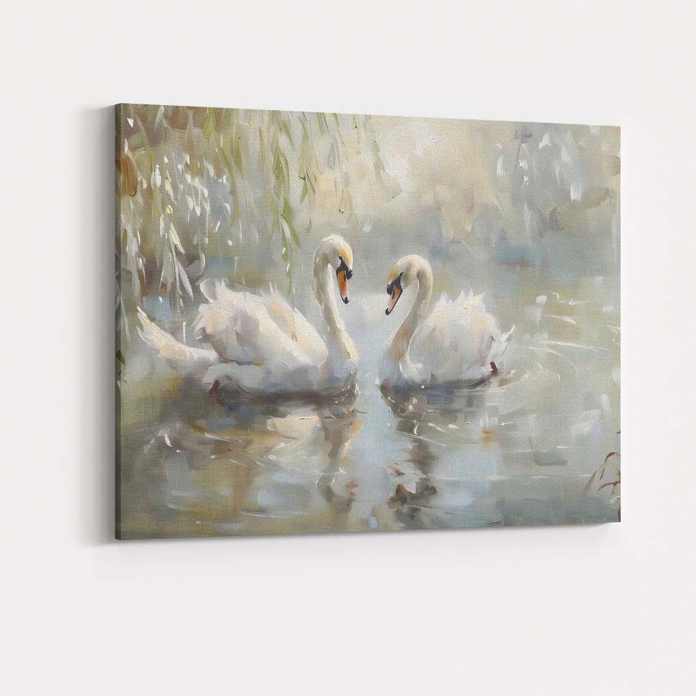 Elegant White Swan Pair Romantic Lake Painting Canvas Wall Art Print Decor Picture Ready to Hang