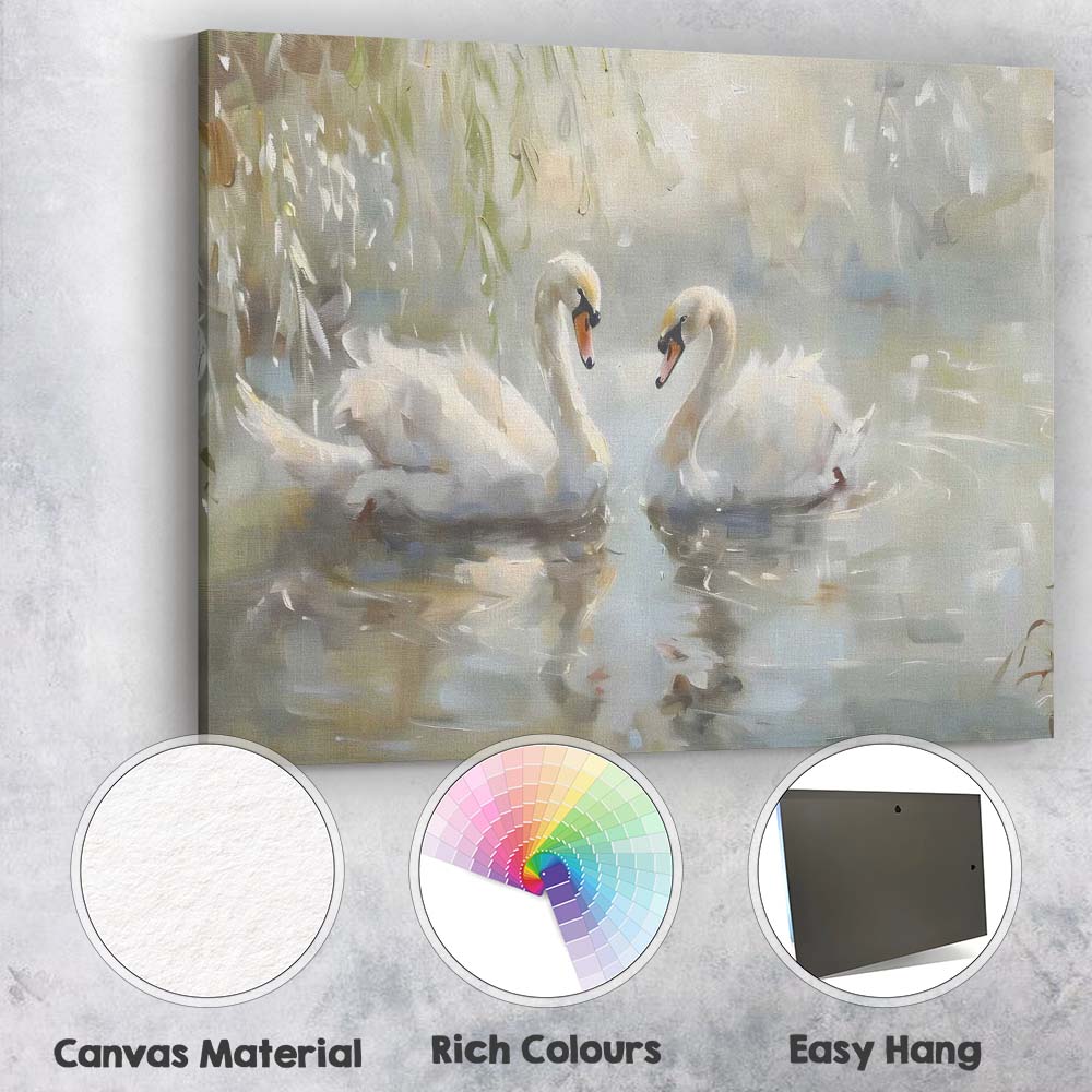 Elegant White Swan Pair Romantic Lake Painting Canvas Wall Art Print Decor Picture Ready to Hang