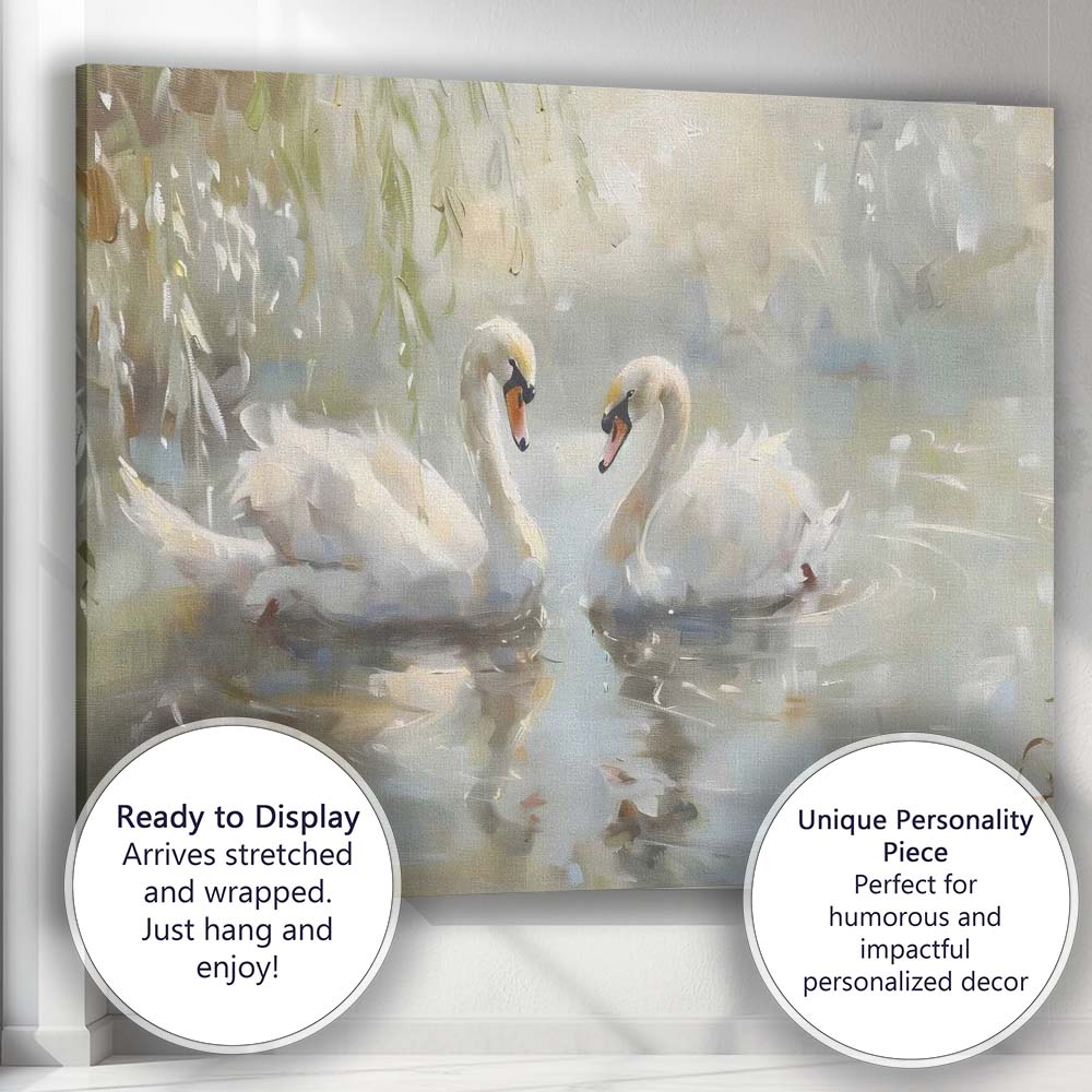 Elegant White Swan Pair Romantic Lake Painting Canvas Wall Art Print Decor Picture Ready to Hang