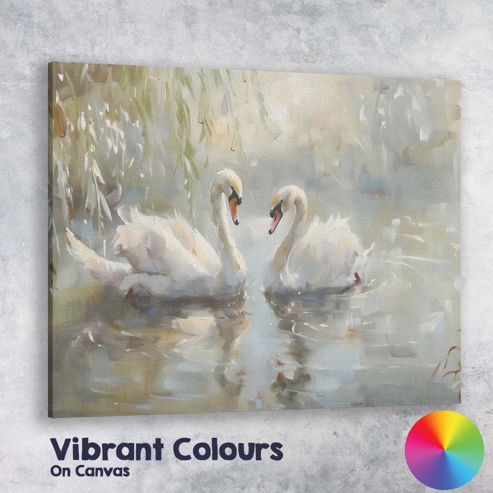 Elegant White Swan Pair Romantic Lake Painting Canvas Wall Art Print Decor Picture Ready to Hang