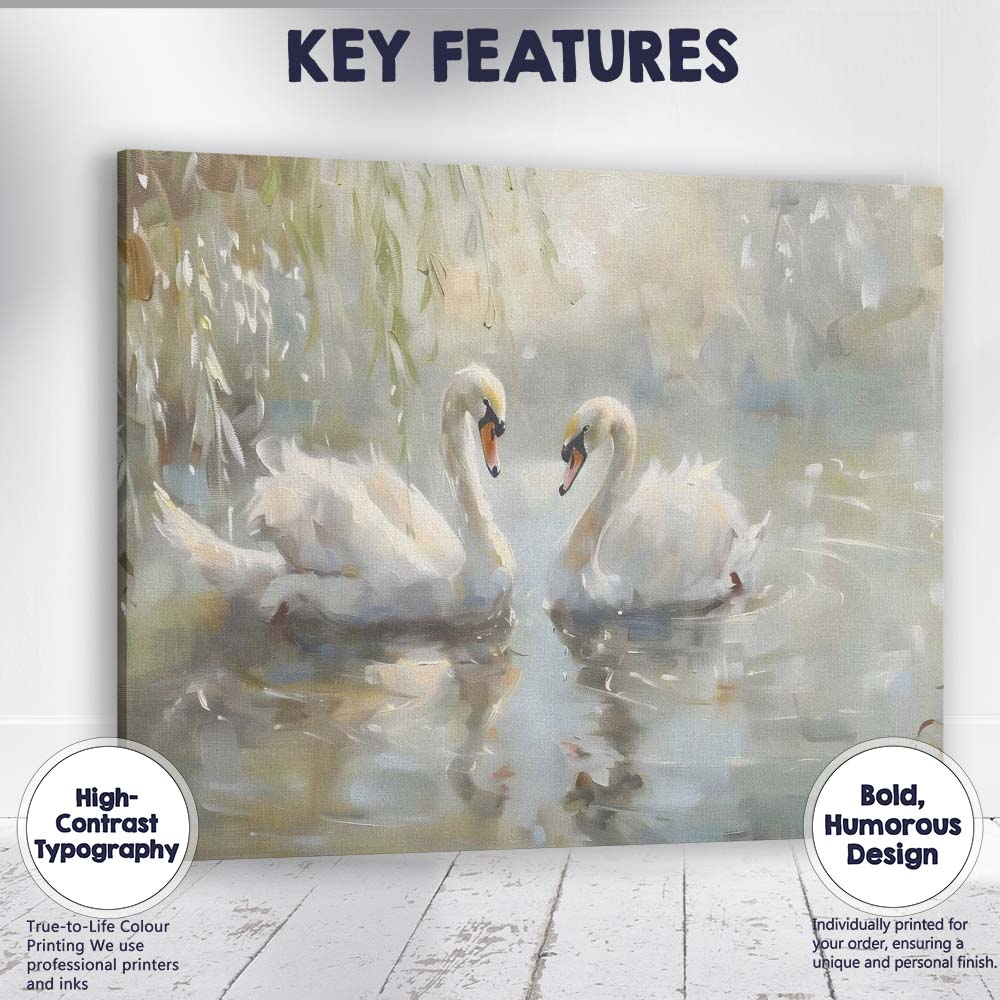 Elegant White Swan Pair Romantic Lake Painting Canvas Wall Art Print Decor Picture Ready to Hang