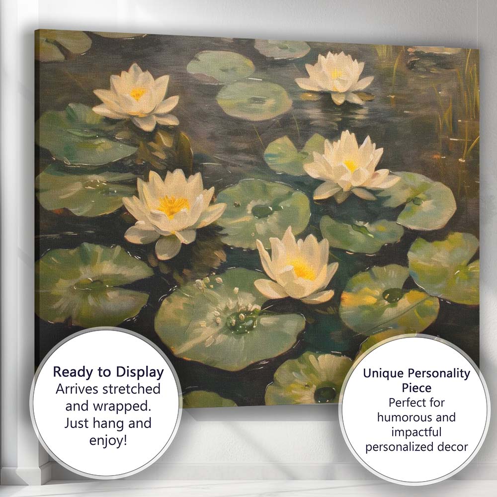 White Water Lily Pond Botanical Oil Painting Canvas Wall Art Print Decor Picture Ready to Hang