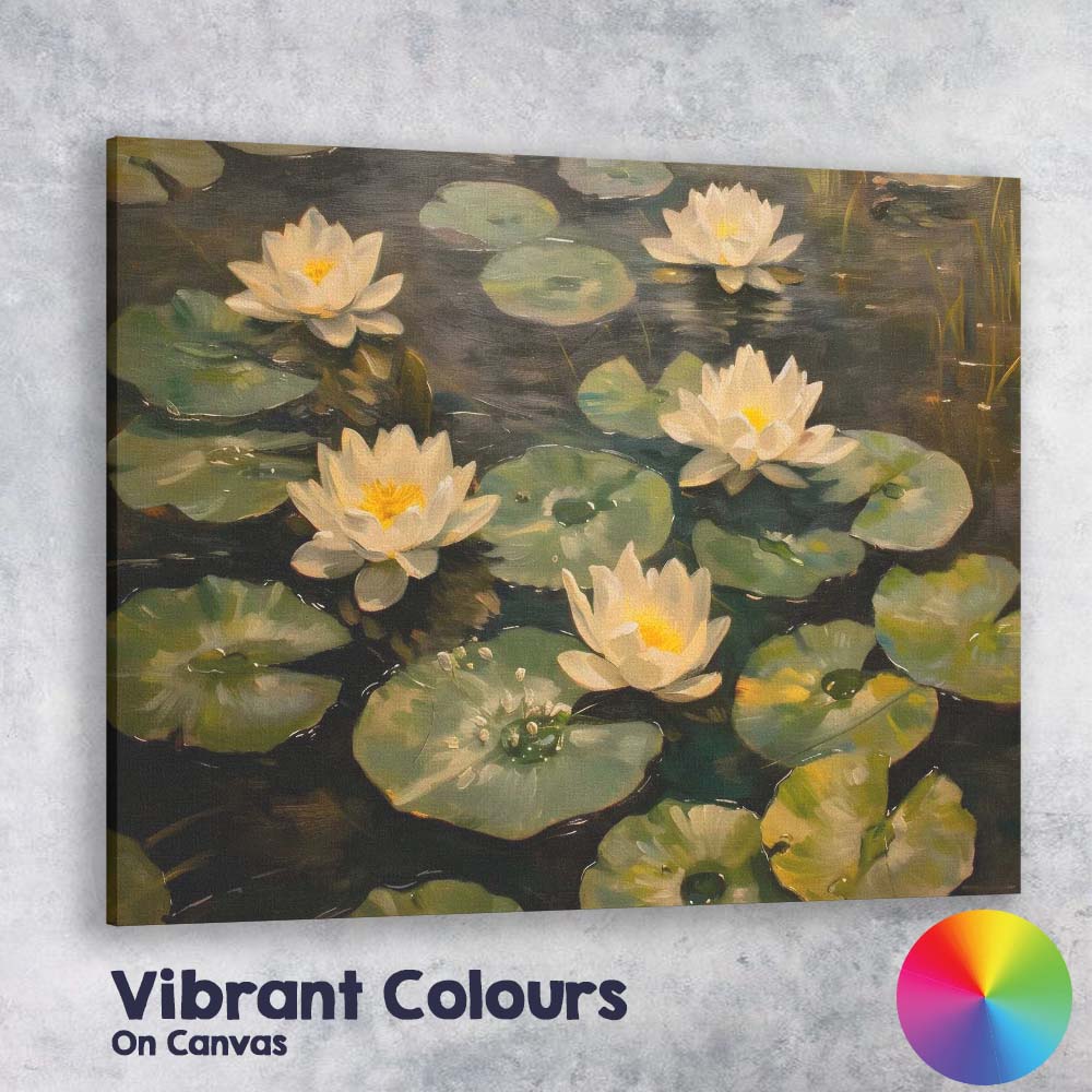 White Water Lily Pond Botanical Oil Painting Canvas Wall Art Print Decor Picture Ready to Hang