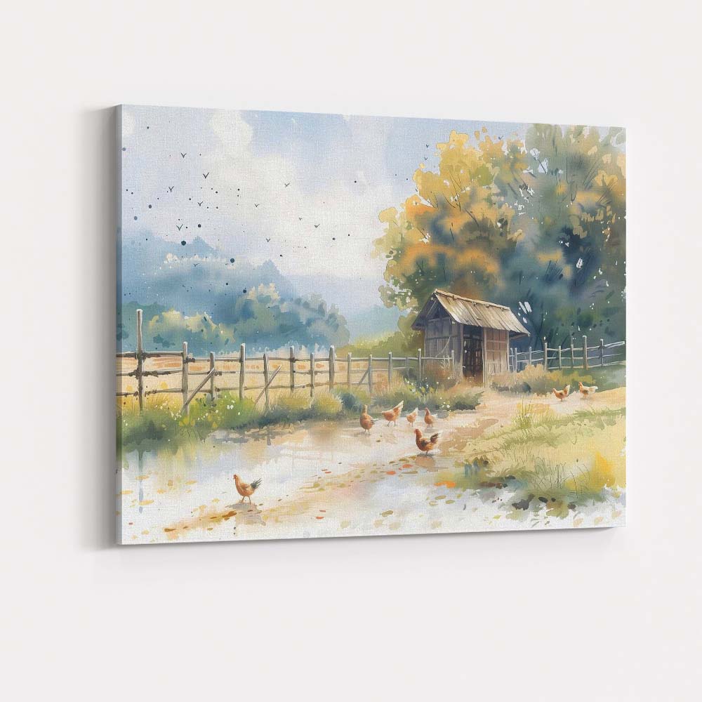 Sunlit Rustic Farmyard Chicken Coop Watercolour Landscape Canvas Wall Art Print Decor Picture Ready to Hang