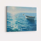Peaceful Blue Ocean Rowboat Seagull Coastal Seascape Canvas Wall Art Print Decor Picture Ready to Hang