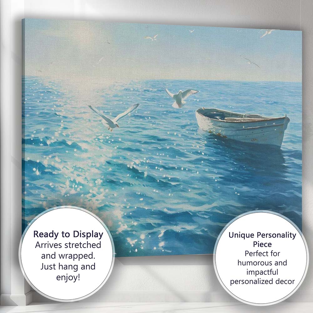Peaceful Blue Ocean Rowboat Seagull Coastal Seascape Canvas Wall Art Print Decor Picture Ready to Hang