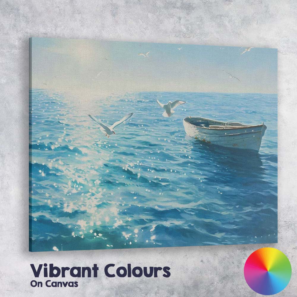 Peaceful Blue Ocean Rowboat Seagull Coastal Seascape Canvas Wall Art Print Decor Picture Ready to Hang