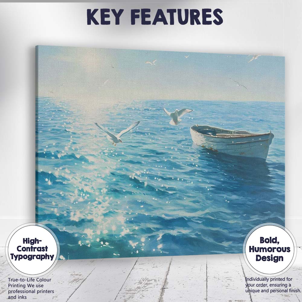 Peaceful Blue Ocean Rowboat Seagull Coastal Seascape Canvas Wall Art Print Decor Picture Ready to Hang