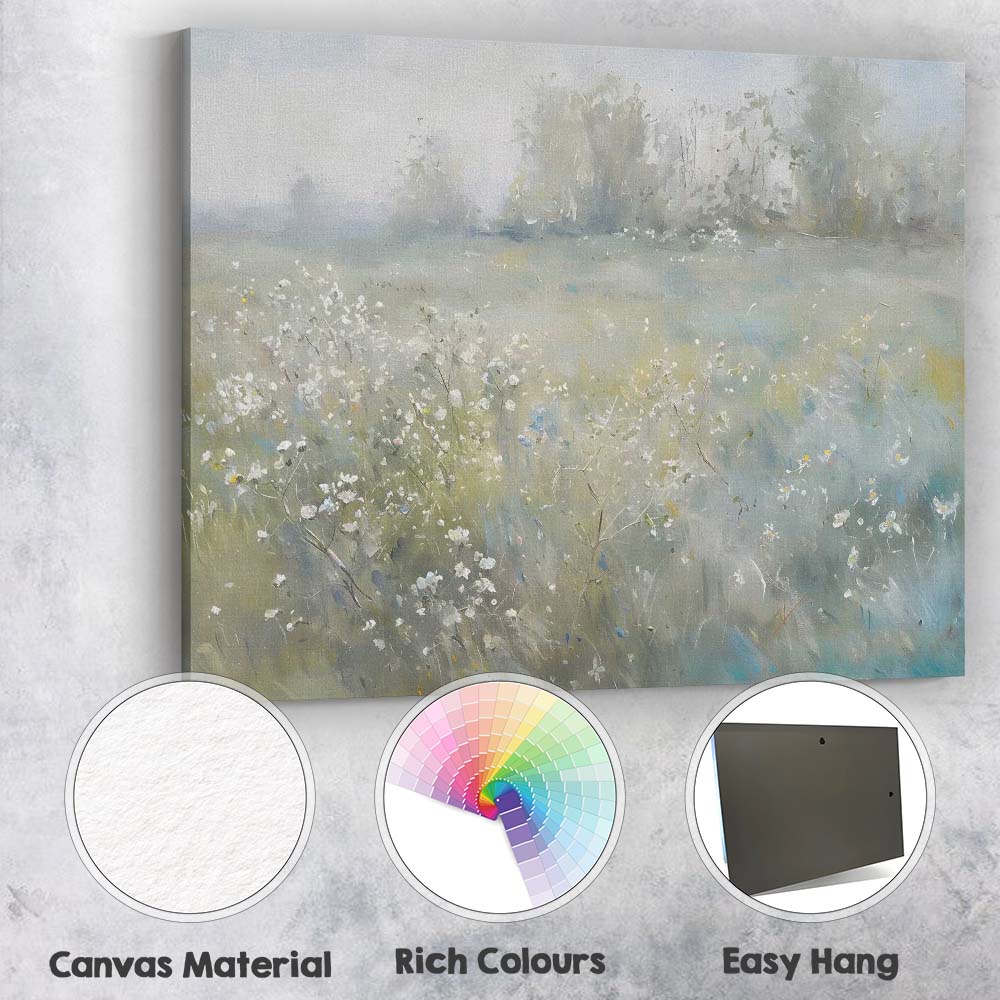 Dreamy Misty Wildflower Meadow Impressionist Landscape Canvas Wall Art Print Decor Picture Ready to Hang