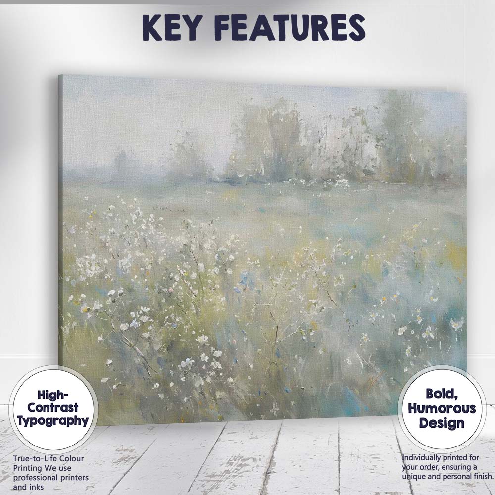 Dreamy Misty Wildflower Meadow Impressionist Landscape Canvas Wall Art Print Decor Picture Ready to Hang