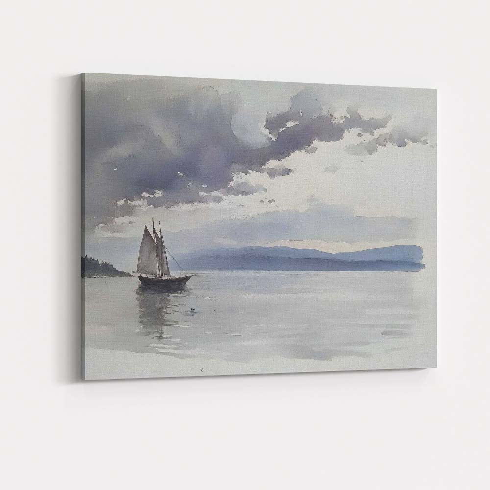 Minimalist Grey Sailing Boat Calm Sea Watercolour Canvas Wall Art Print Decor Picture Ready to Hang