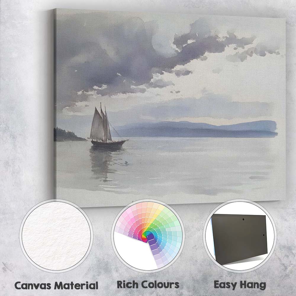 Minimalist Grey Sailing Boat Calm Sea Watercolour Canvas Wall Art Print Decor Picture Ready to Hang