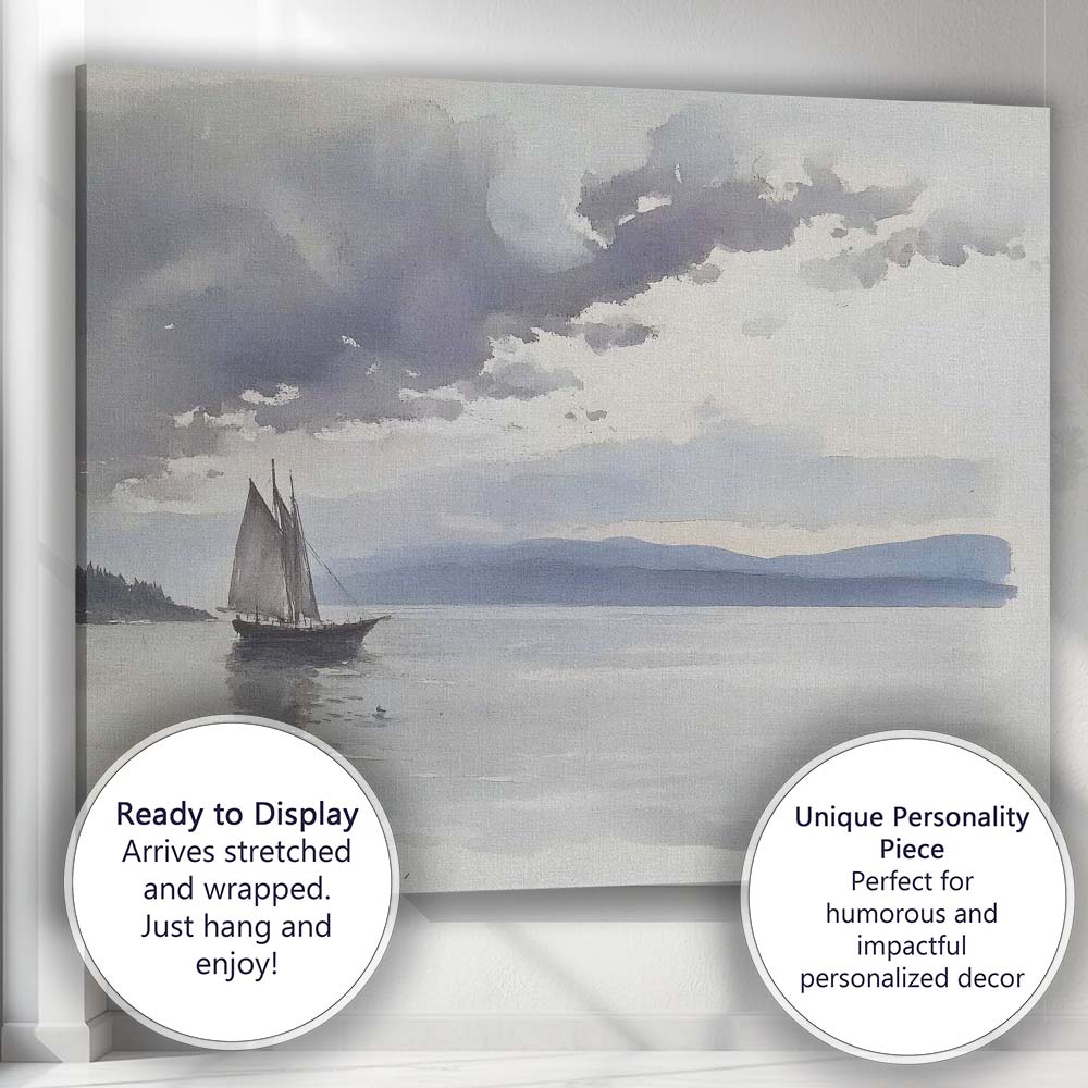 Minimalist Grey Sailing Boat Calm Sea Watercolour Canvas Wall Art Print Decor Picture Ready to Hang