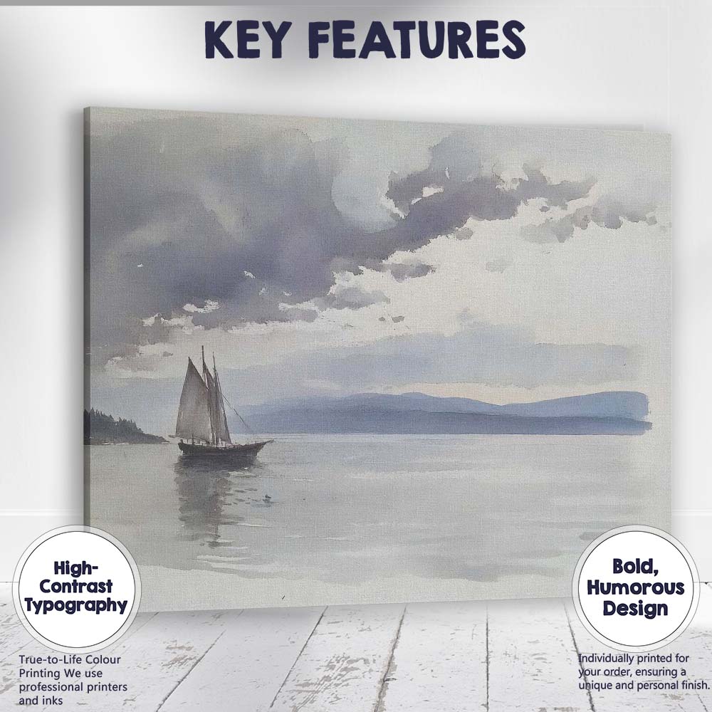 Minimalist Grey Sailing Boat Calm Sea Watercolour Canvas Wall Art Print Decor Picture Ready to Hang