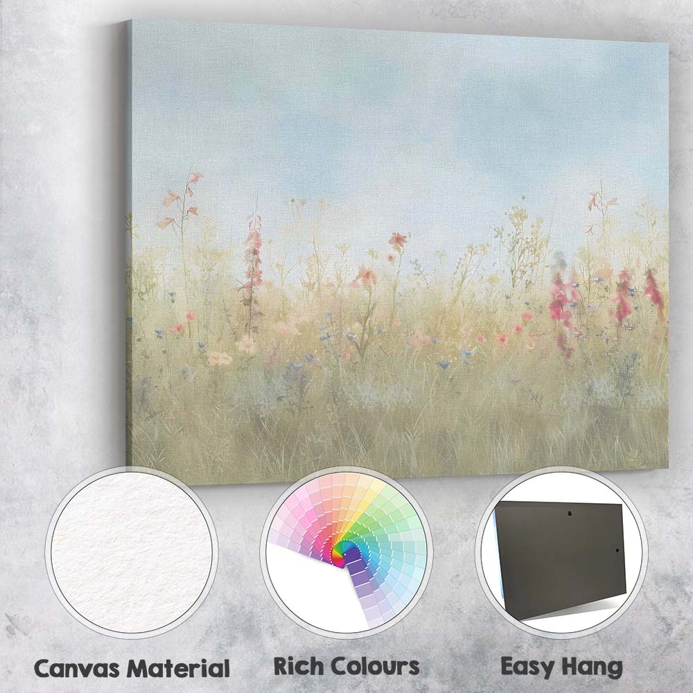 Delicate Summer Wildflower Meadow Pastel Botanical Landscape Canvas Wall Art Print Decor Picture Ready to Hang