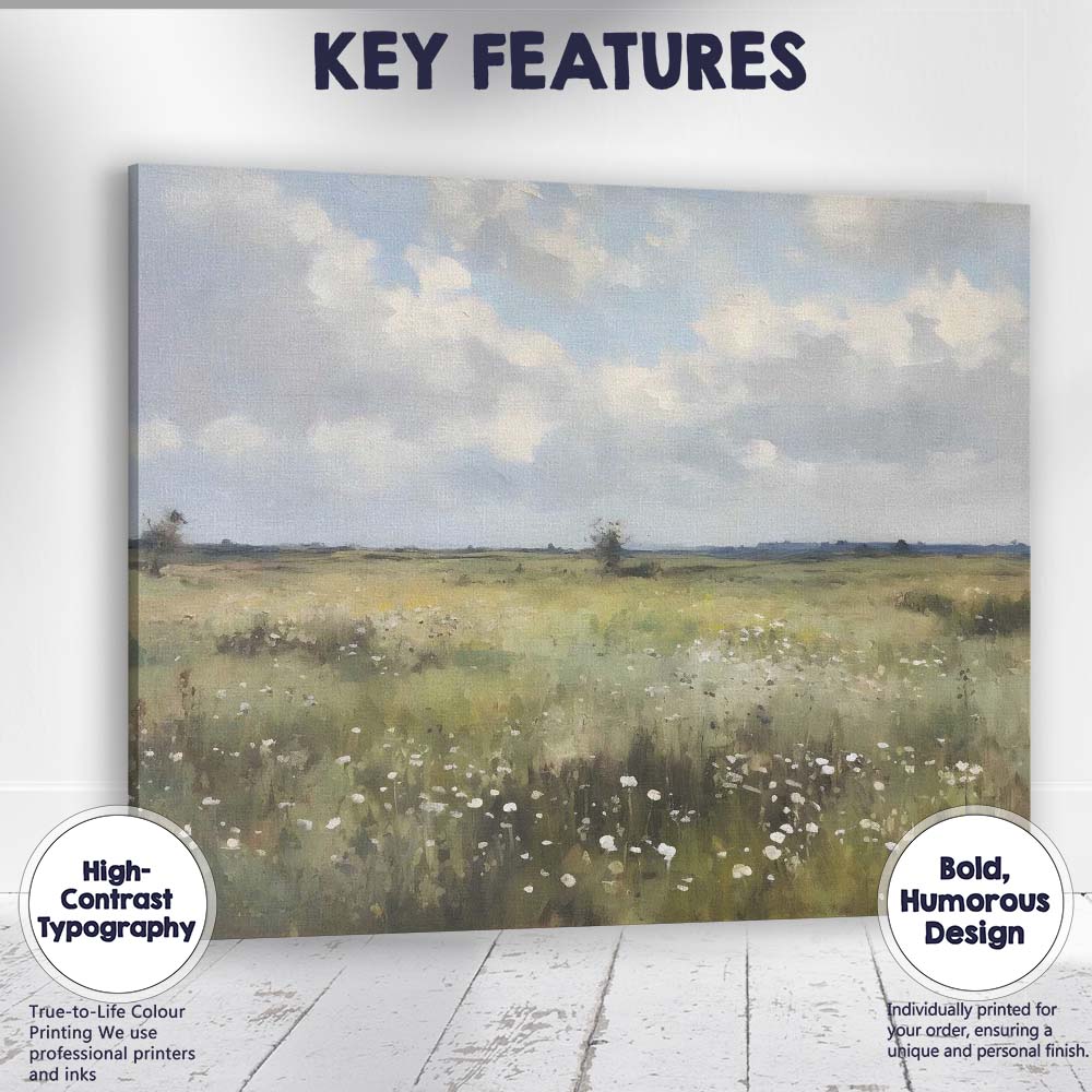 Wildflower Meadow Open Countryside Landscape Impressionist Canvas Wall Art Print Decor Picture Ready to Hang