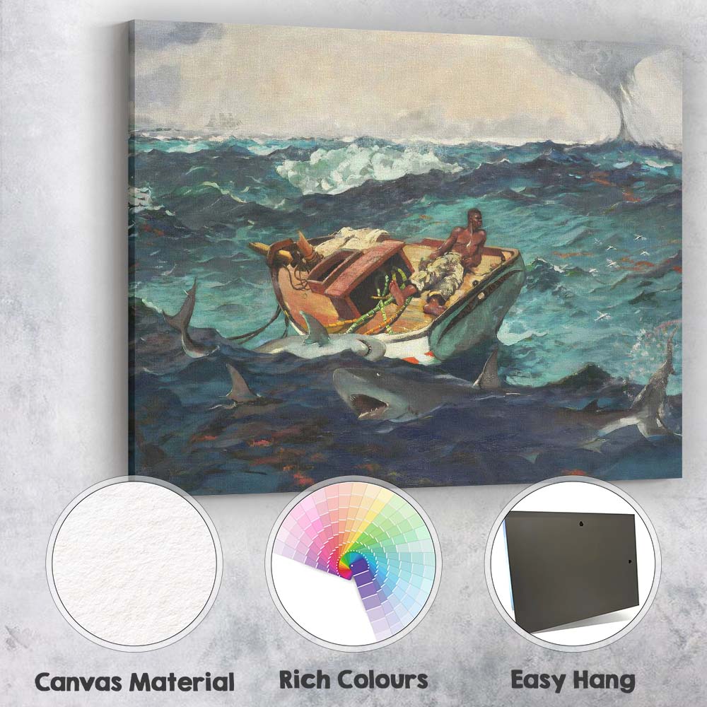Dramatic Stormy Sea Sharks Fishing Boat Oil Painting Canvas Wall Art Print Decor Picture Ready to Hang