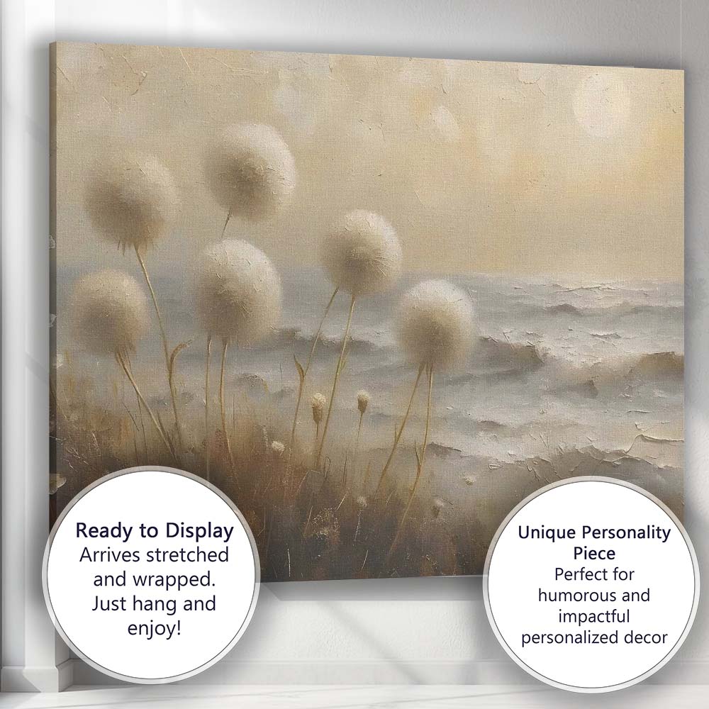 Soft Neutral Coastal Dandelion Seed Heads Textured Seascape Canvas Wall Art Print Decor Picture Ready to Hang