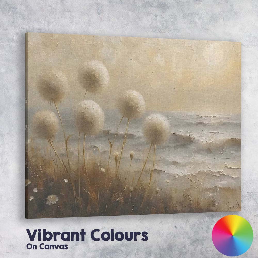 Soft Neutral Coastal Dandelion Seed Heads Textured Seascape Canvas Wall Art Print Decor Picture Ready to Hang