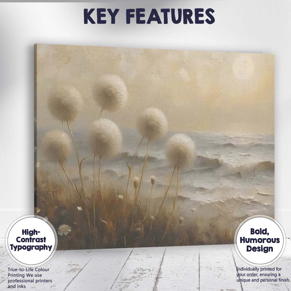 Soft Neutral Coastal Dandelion Seed Heads Textured Seascape Canvas Wall Art Print Decor Picture Ready to Hang