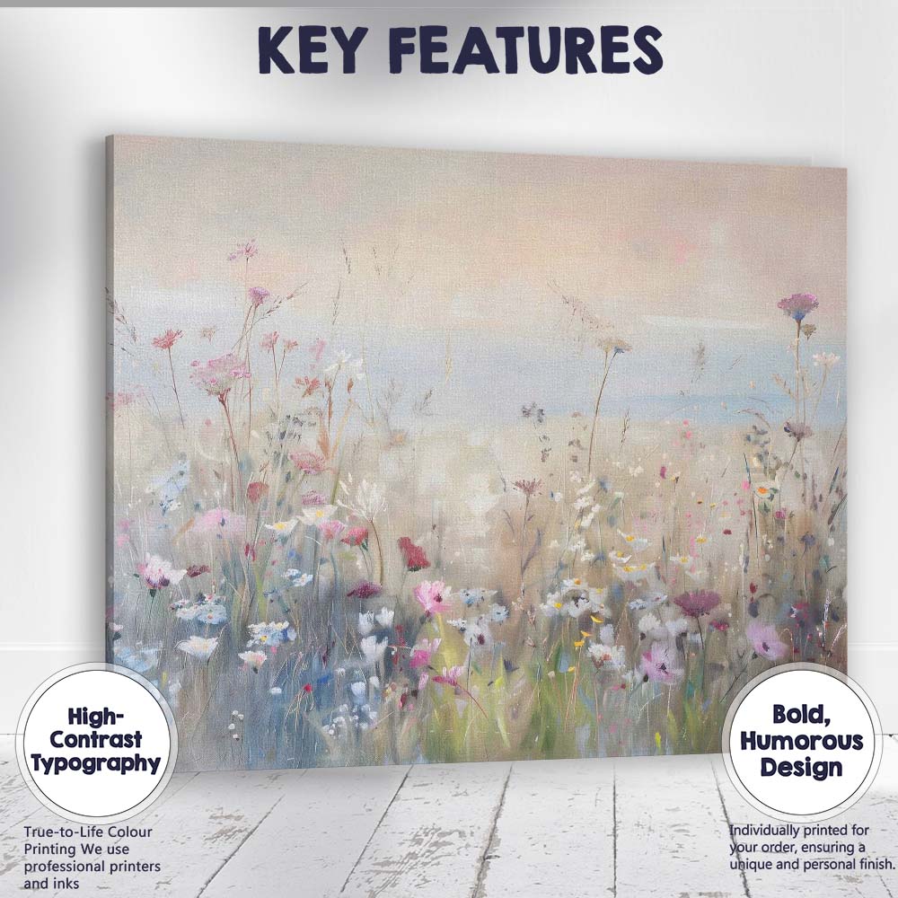 Soft Wildflower Meadow Coastal Horizon Pastel Botanical Canvas Wall Art Print Decor Picture Ready to Hang