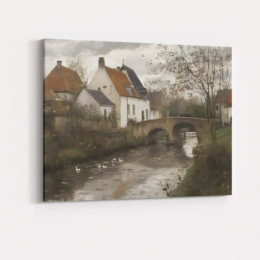 Traditional Village Stone Bridge Riverside Landscape Canvas Wall Art Print Decor Picture Ready to Hang