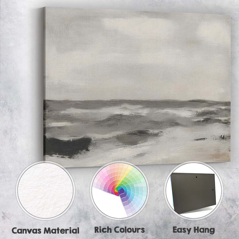 Minimal Monochrome Ocean Waves Contemporary Seascape Canvas Wall Art Print Decor Picture Ready to Hang