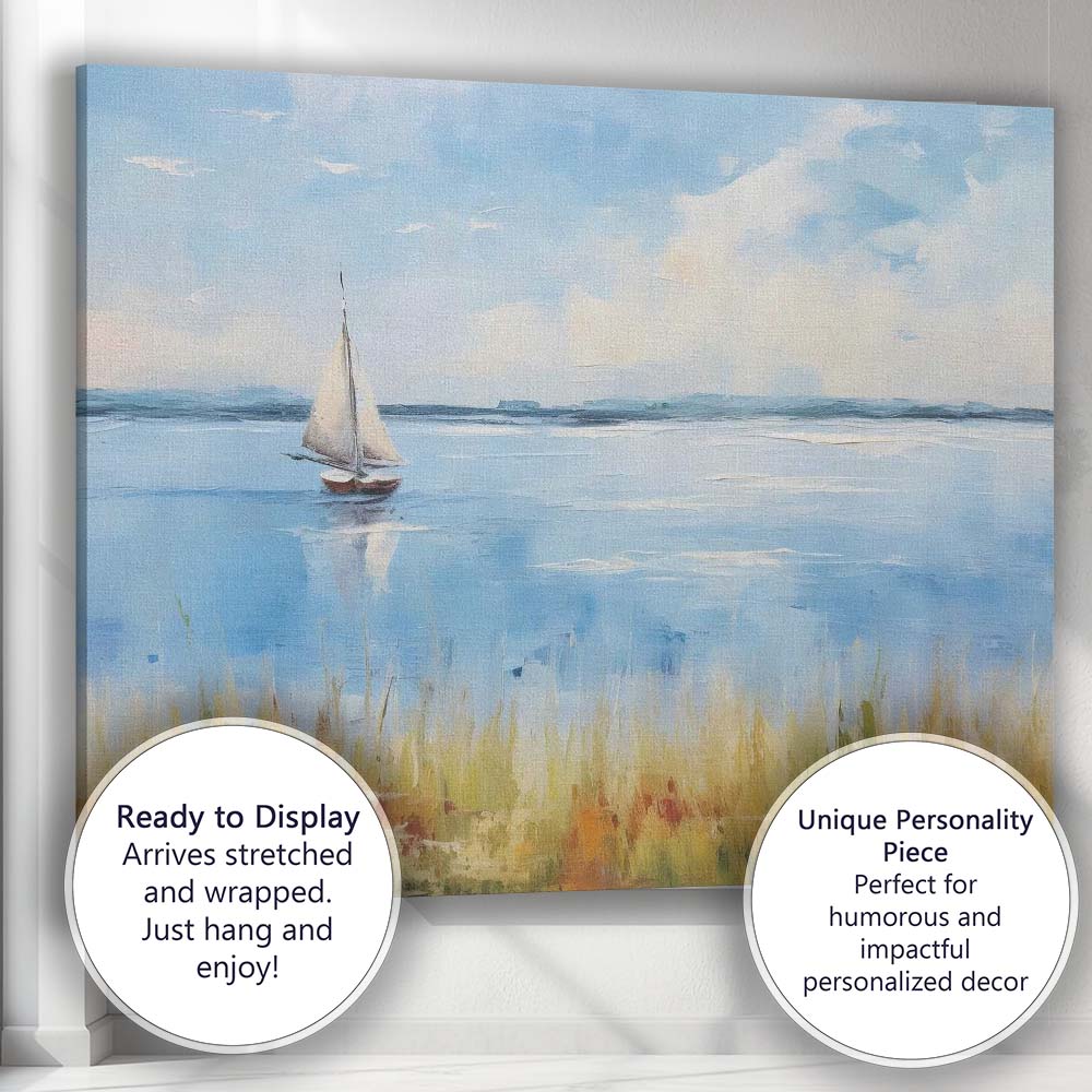 Peaceful Sailboat Calm Coastal Waters Landscape Canvas Wall Art Print Decor Picture Ready to Hang