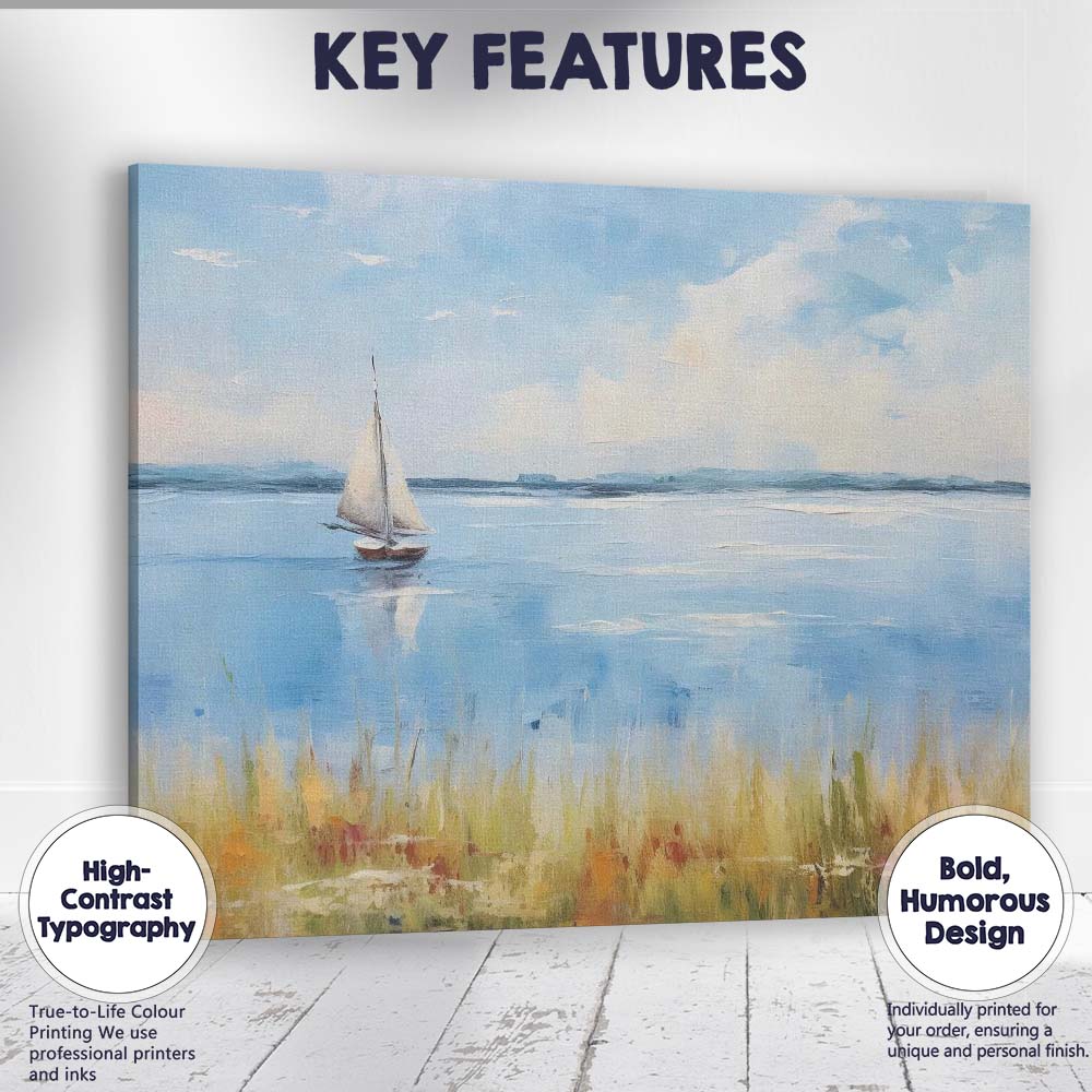 Peaceful Sailboat Calm Coastal Waters Landscape Canvas Wall Art Print Decor Picture Ready to Hang