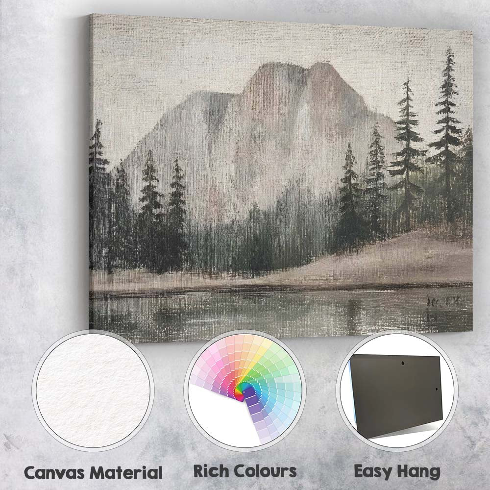 Misty Mountain Forest Lake Monochrome Landscape Canvas Wall Art Print Decor Picture Ready to Hang