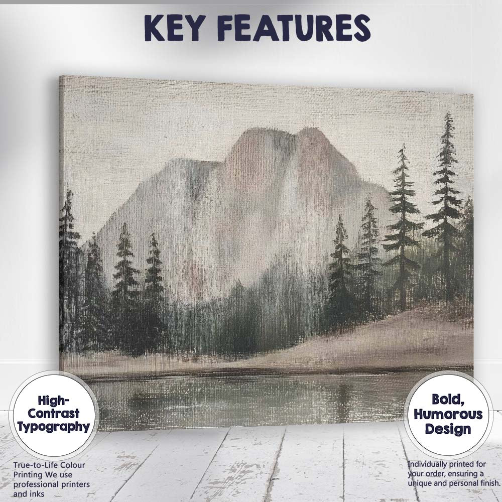 Misty Mountain Forest Lake Monochrome Landscape Canvas Wall Art Print Decor Picture Ready to Hang