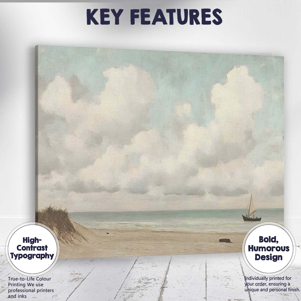 Tranquil Sandy Beach Sailboat Coastal Seascape Canvas Wall Art Print Decor Picture Ready to Hang