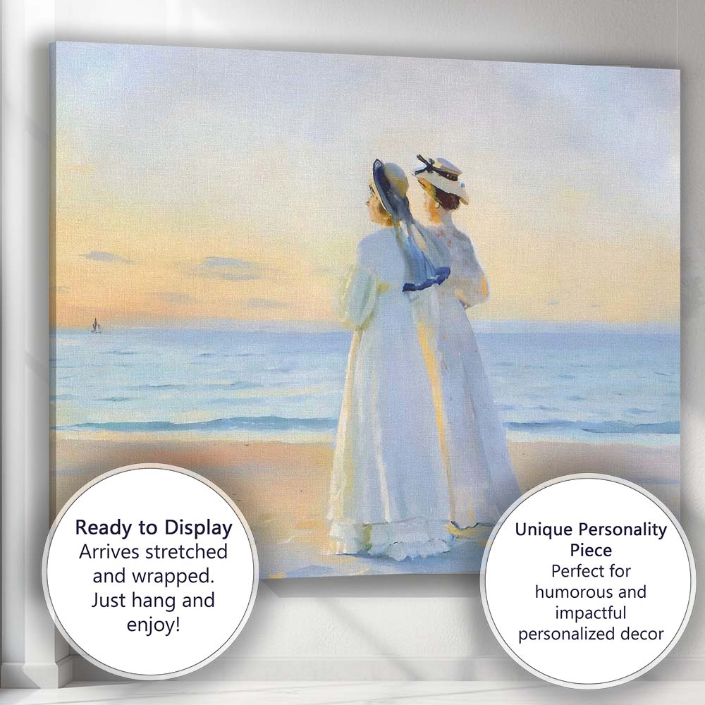 Elegant Women Watching Sunset Beach Impressionist Canvas Wall Art Print Decor Picture Ready to Hang