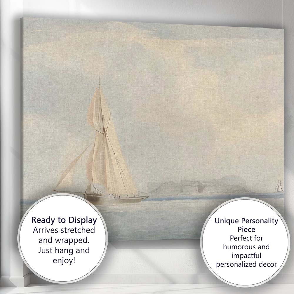 Minimalist Sailing Boat Coastal Seascape Soft Neutral Watercolour Canvas Wall Art Print Decor Picture Ready to Hang