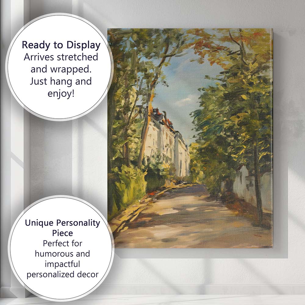 Impressionist Tree Lined Village Street Summer Landscape Canvas Wall Art Print Decor Picture Ready to Hang