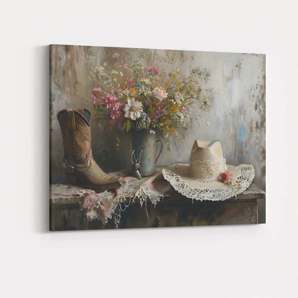Rustic Country Floral Still Life with Cowboy Boot and Hat Canvas Wall Art Print Decor Picture Ready to Hang