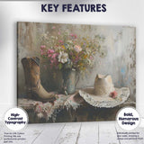 Rustic Country Floral Still Life with Cowboy Boot and Hat Canvas Wall Art Print Decor Picture Ready to Hang