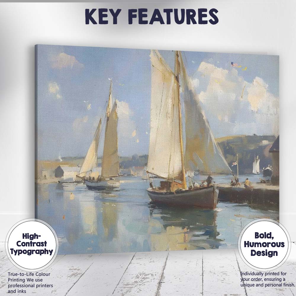 Classic Sailboats Harbour Impressionist Coastal Painting Canvas Wall Art Print Decor Picture Ready to Hang