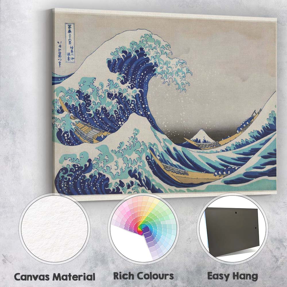 Japanese Great Wave Mount Fuji Ukiyoe Ocean Woodblock Style Canvas Wall Art Print Decor Picture Ready to Hang