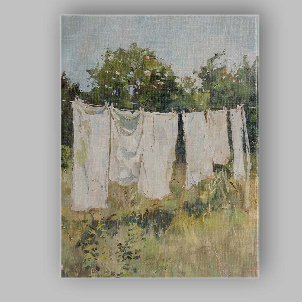 Contemporary White Linen Laundry Countryside Garden Painting Canvas Wall Art Print Decor Picture Ready to Hang