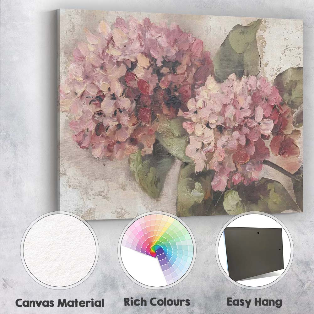 Soft Pink Hydrangea Floral Impressionist Oil Painting Canvas Wall Art Print Decor Picture Ready to Hang